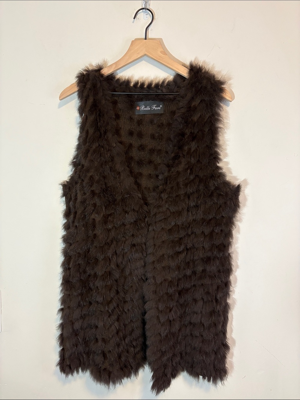 Belle Fare Moline Rex Rich Chocolate Brown Dyed Rabbit Fur Tiered Knit Long Vest